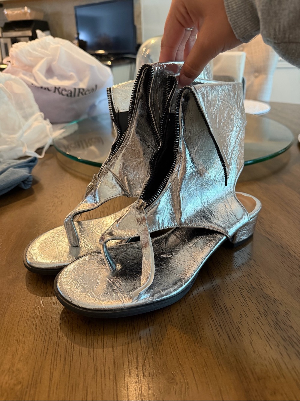 Silver Metallic Thong Sandal Booties - Women's